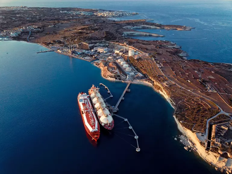 Aerial view of liquefied natural gas Ing tankers moored at harbour